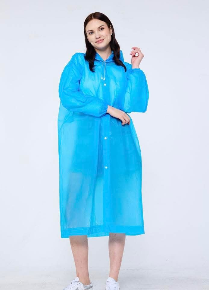 Women’s Transparent Blue Hooded Raincoat – Lightweight Waterproof Long Rain Jacket