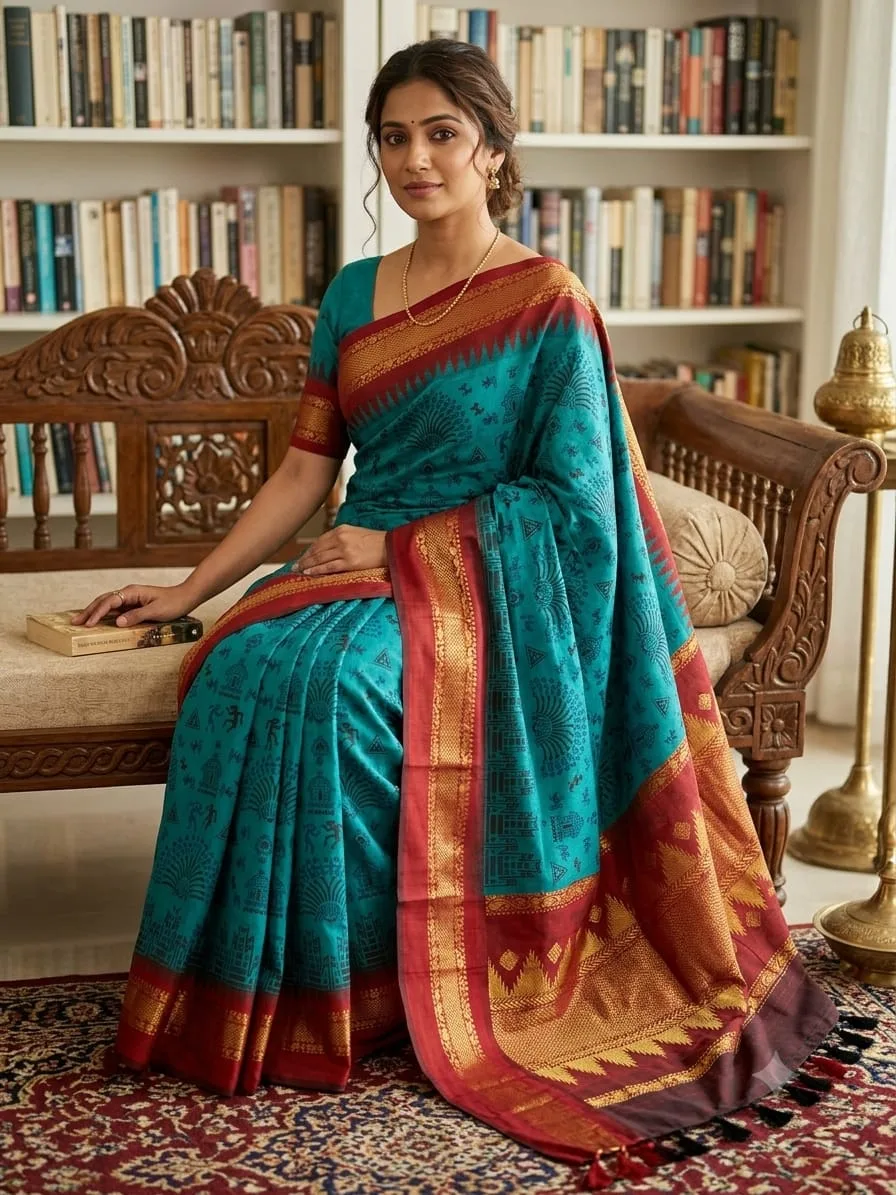 Handwoven Teal Sambalpuri Ikat Silk Saree with Maroon Zari Border