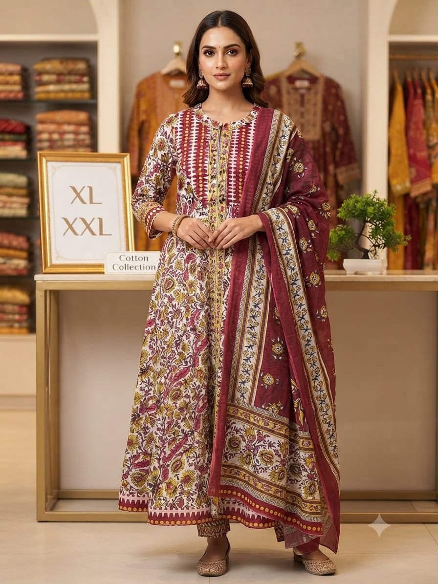 Women's Floral Printed Cotton Anarkali Kurta Pant and Dupatta Set