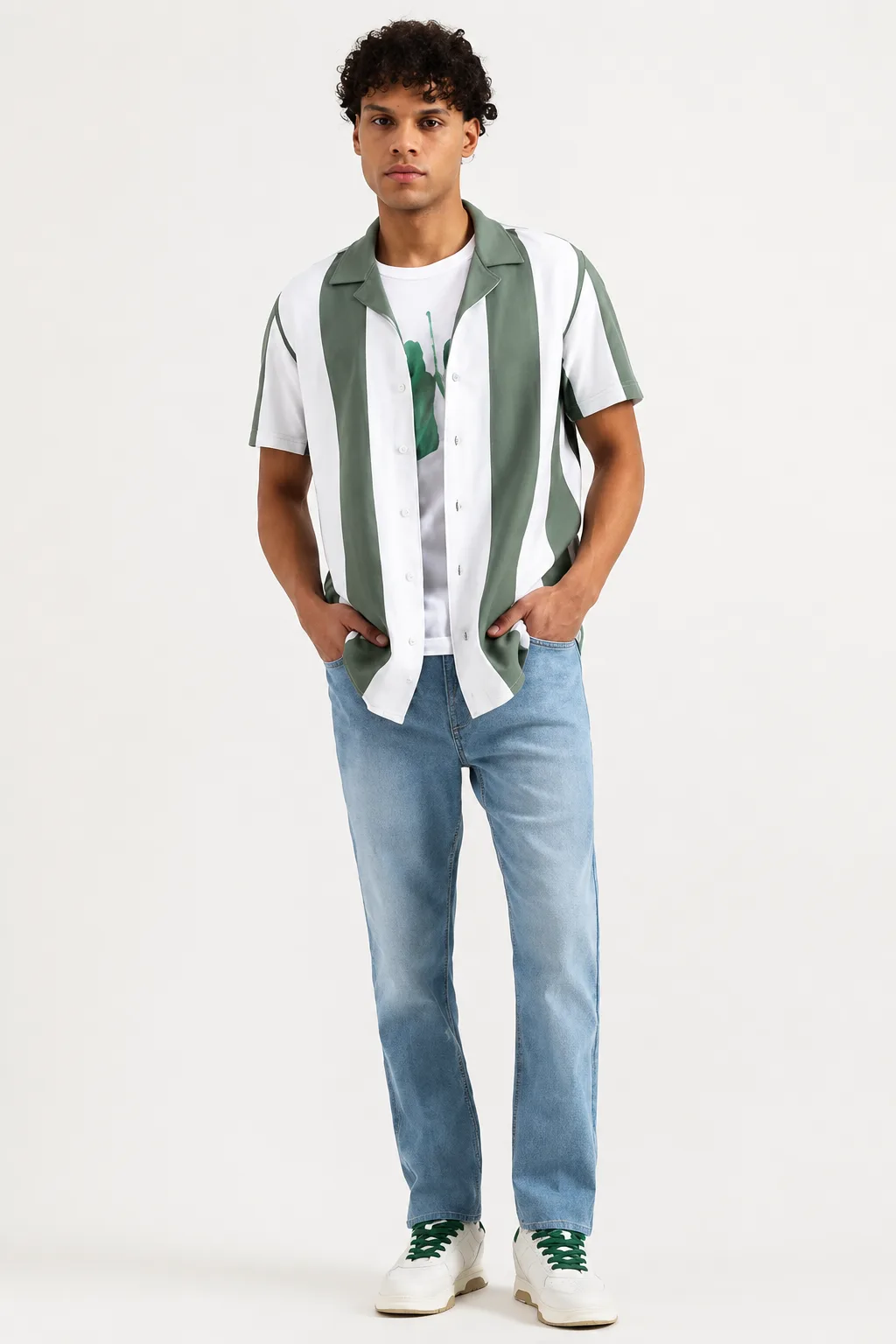 Men's Sage Green Vertical Stripe Resort Collar Shirt