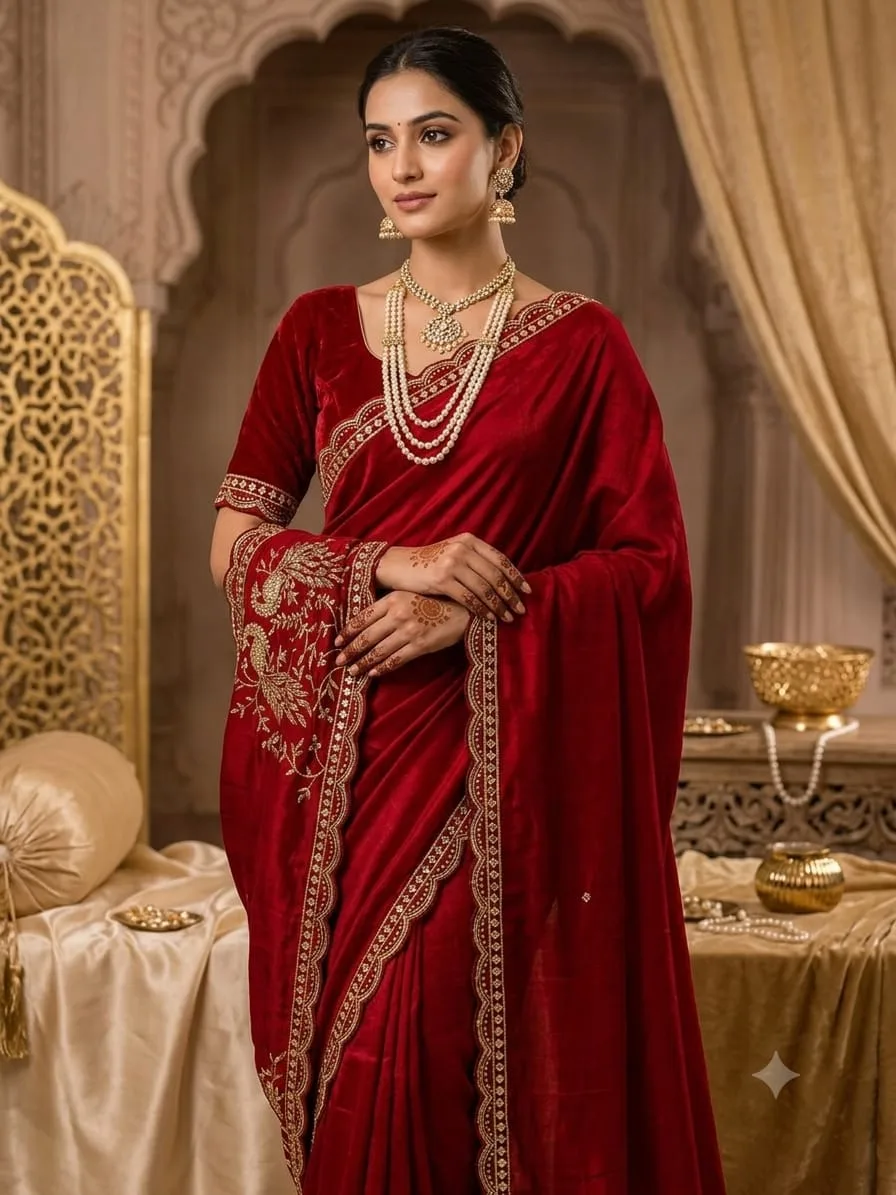 Women's Premium Red Embroidered Silk Saree with Peacock Zari Work
