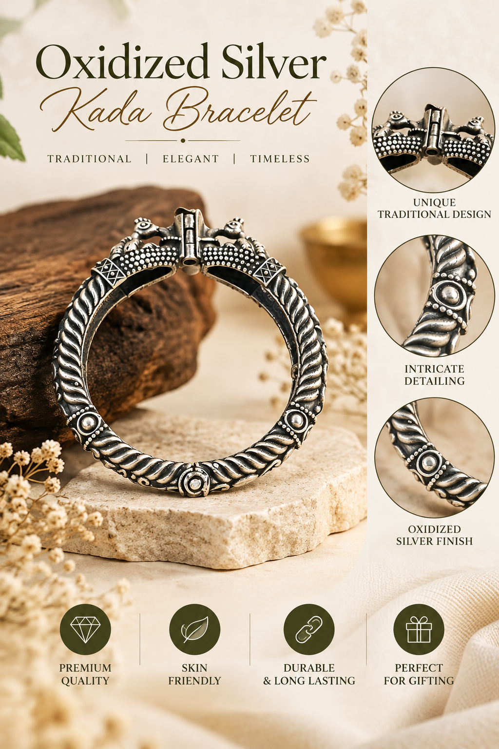 Traditional Oxidized Silver-Tone Designer Kada Bracelet