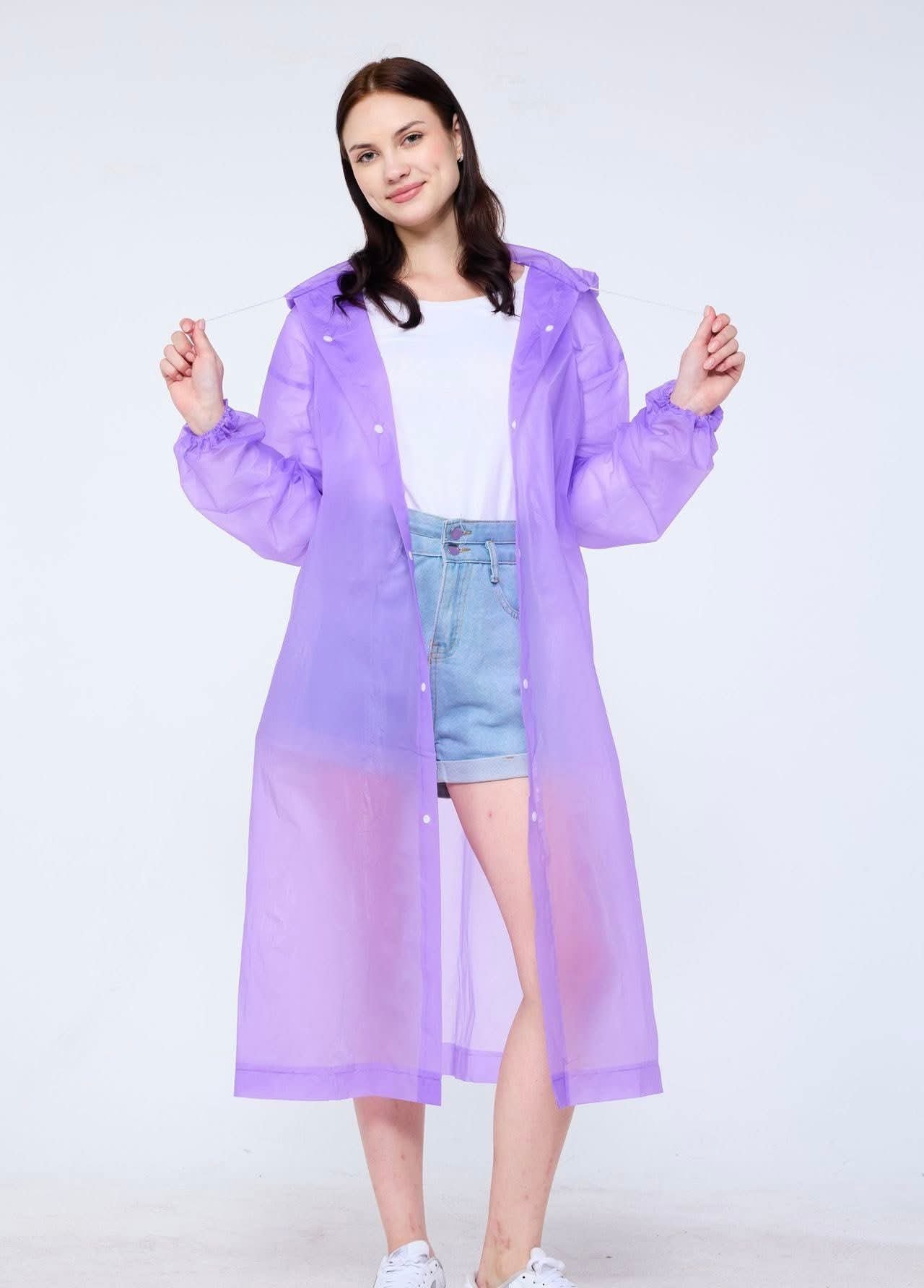 Women’s Transparent Purple Hooded Raincoat – Lightweight Waterproof Long Rain Jacket