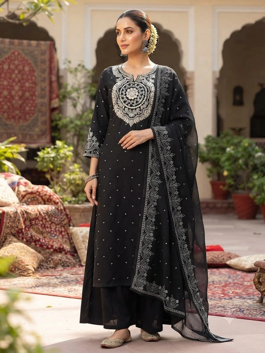 Elegant Black Embroidered Cotton Kurta Set with Organza Dupatta