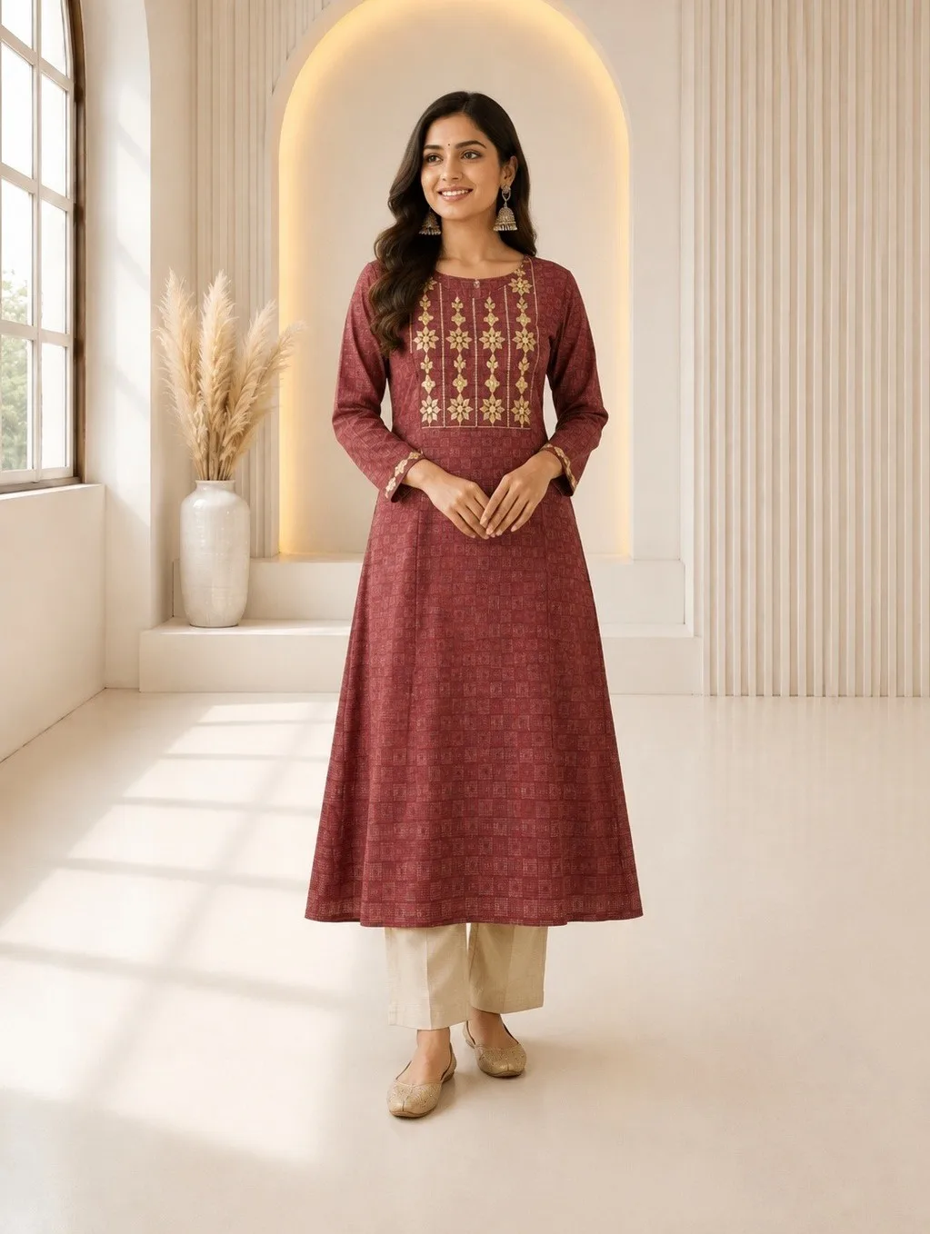 Women's Maroon Embroidered A-Line Kurta with pant set