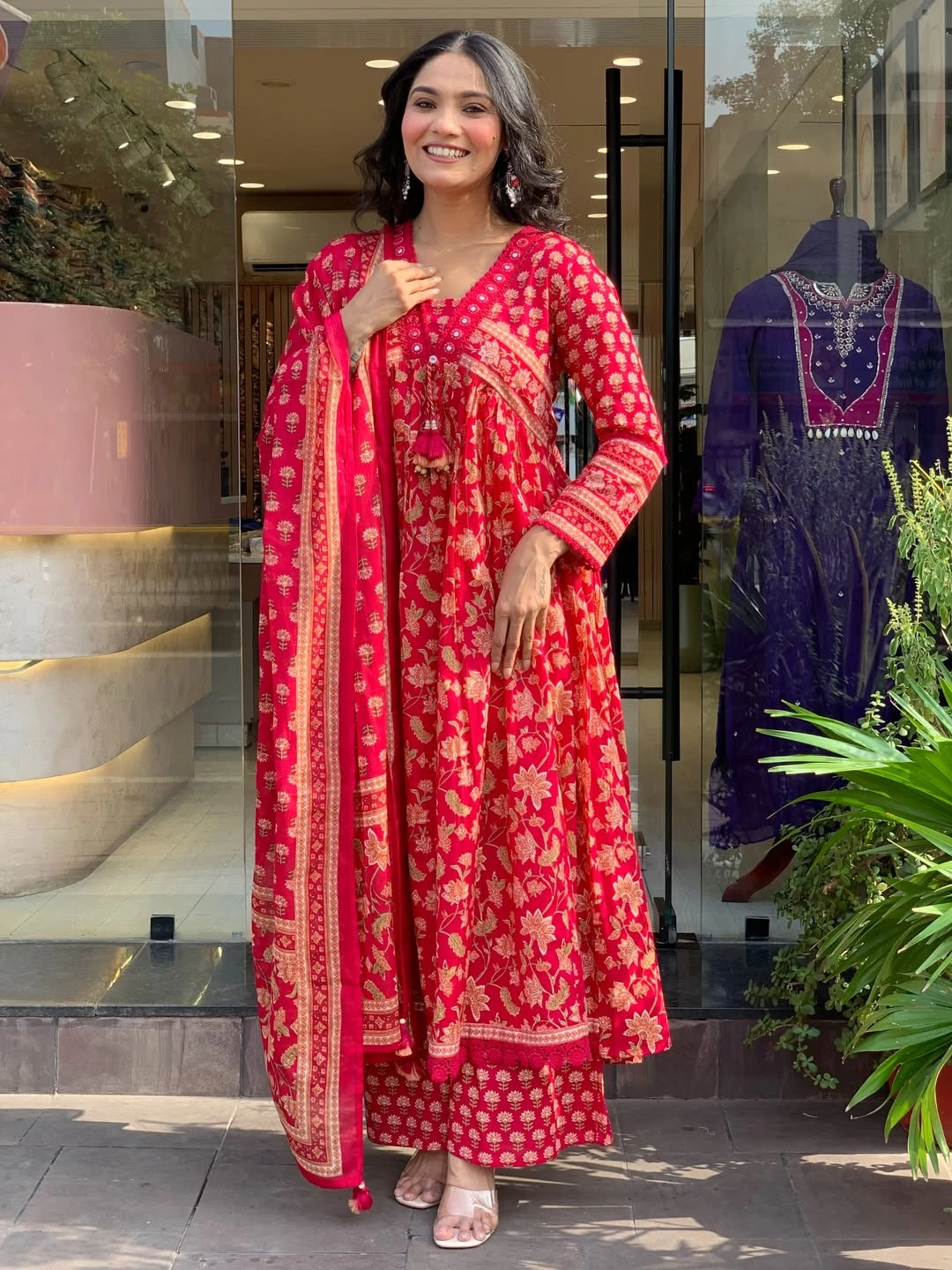 Women’s Red Printed Anarkali Suit Set with Dupatta