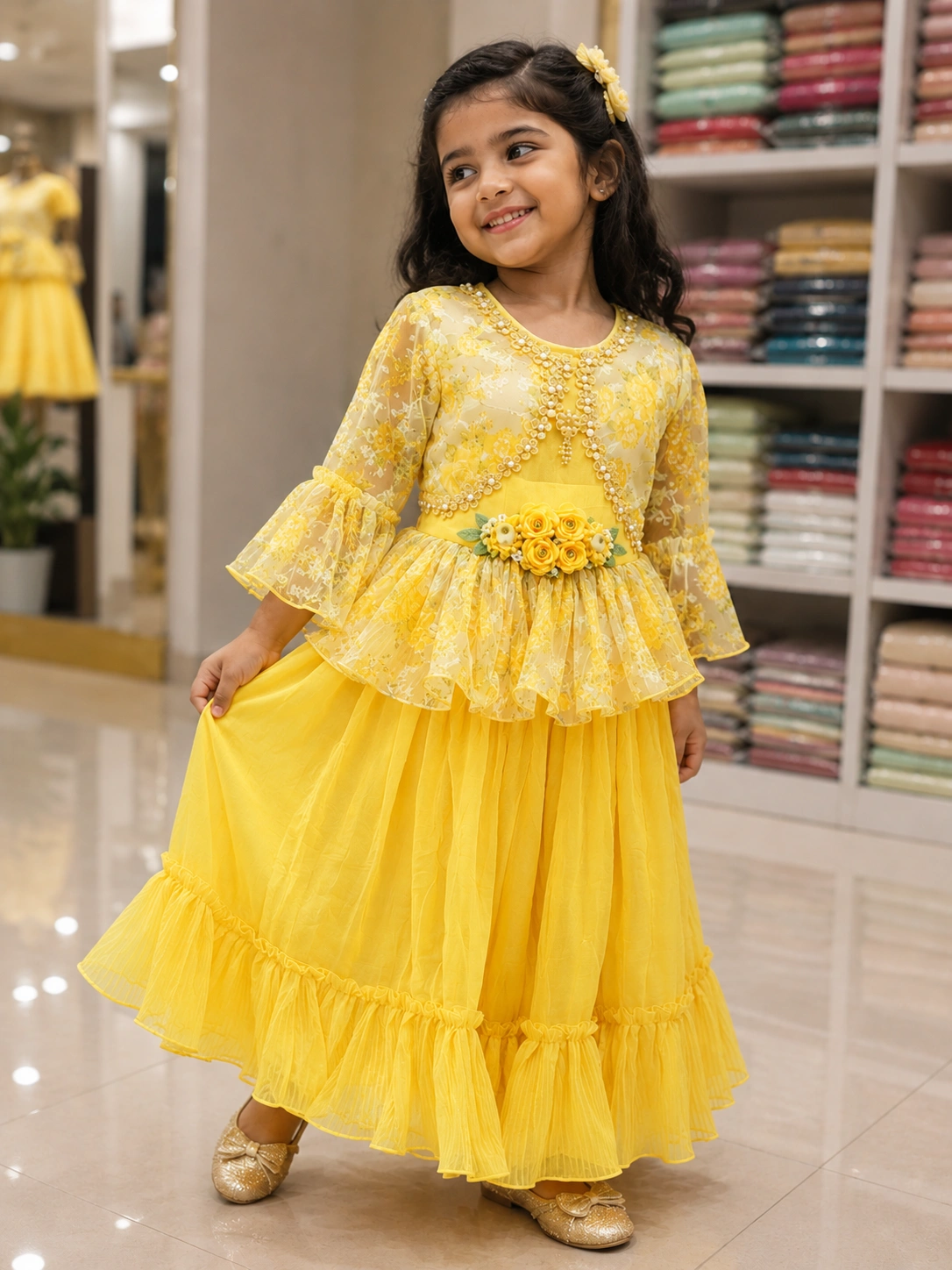 Girls Floral Party Wear Gown with Layered Ruffle Design