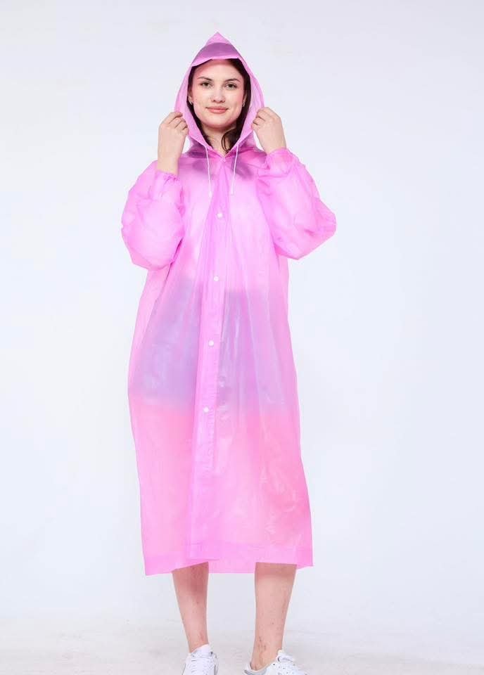 Women’s Transparent Pink Hooded Raincoat – Lightweight Waterproof Long Rain Jacket