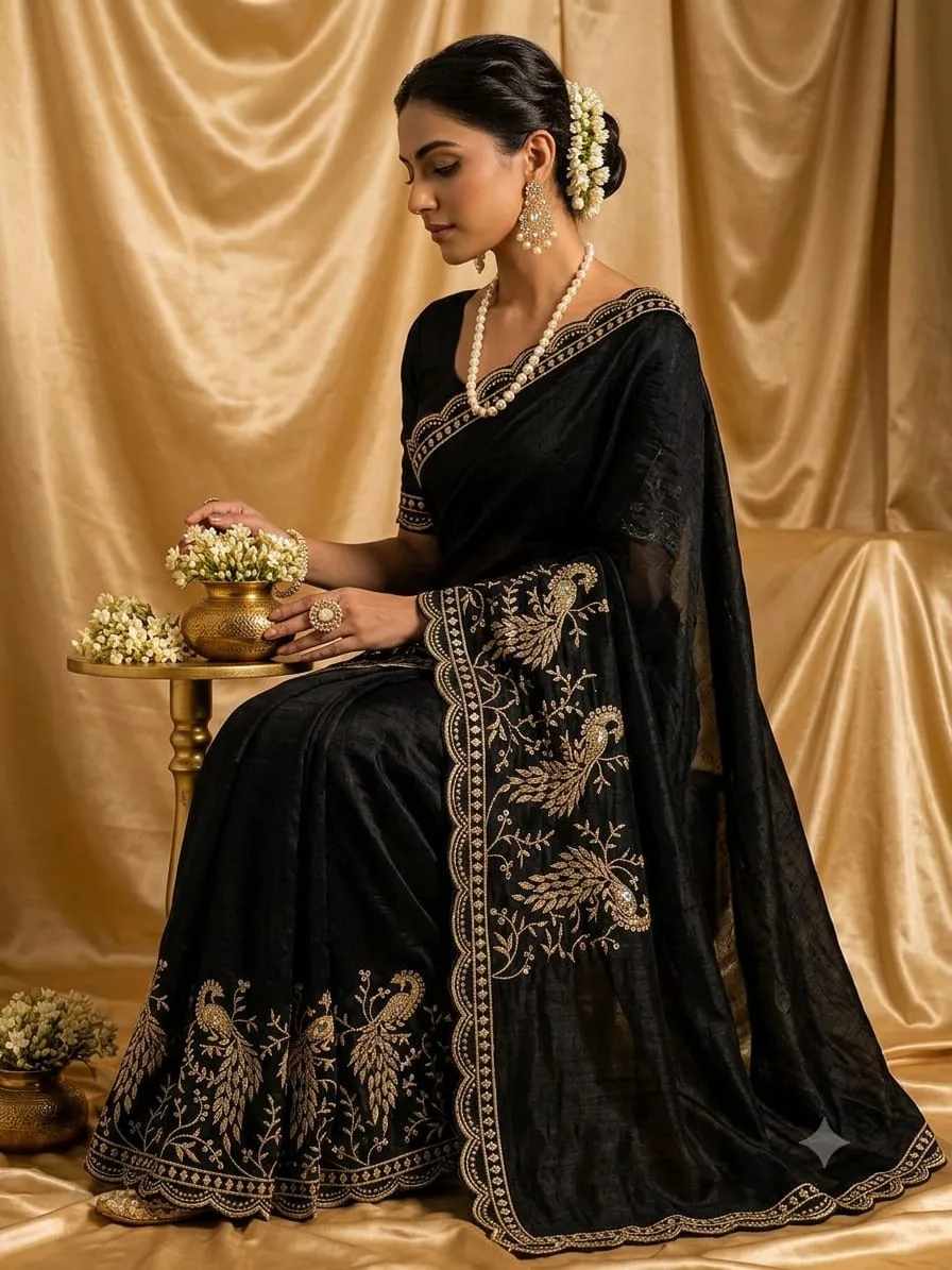Black Organza / Silk Saree with Peacock Motif Border