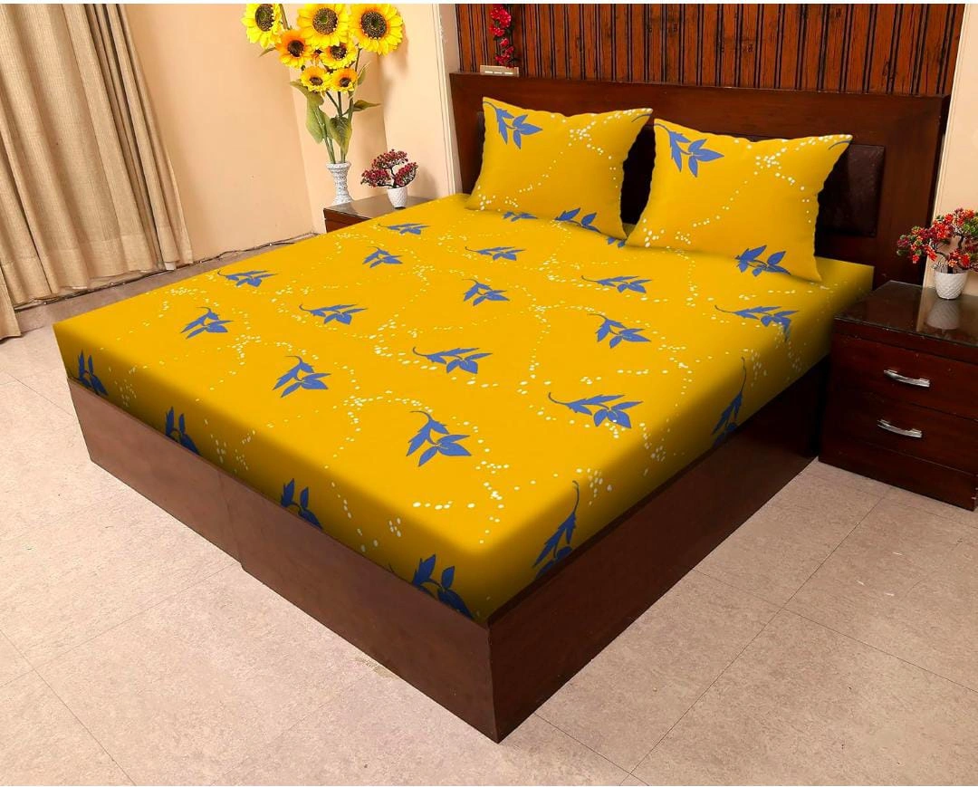 Premium Yellow Floral Elastic Fitted Bedsheet with 2 Pillow Covers (72 × 78 Inches)