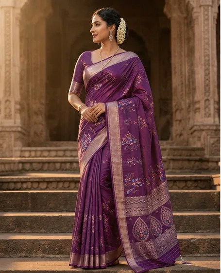 Deep Purple Handcrafted Bapta Silk Saree with Digital Floral Design & Matching Blouse Piece – Free Size Elegance