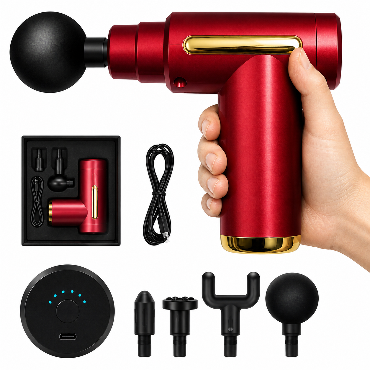 Portable Deep Tissue Massage Gun | Rechargeable Cordless Muscle Massager | 4 Interchangeable Heads | Quiet Operation | Black