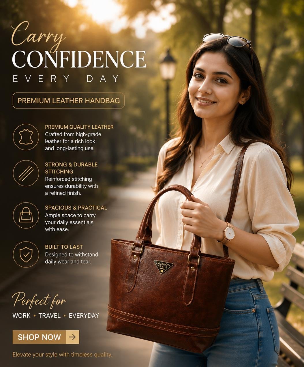 CLASSIC BROWN LEATHER TOTE HANDBAG FOR WOMEN