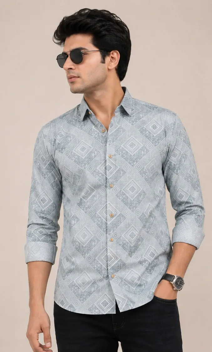 Men's Geometric Print Casual Full Sleeve Cotton Blend Shirt