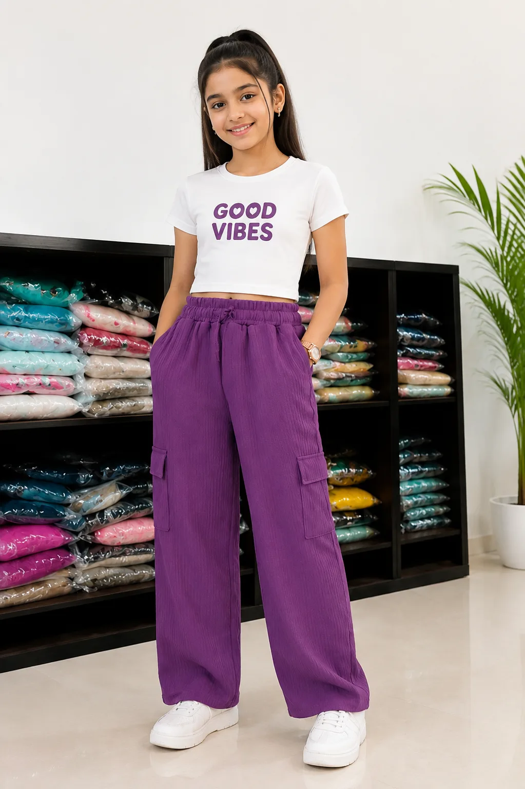 Girls’ Solid Wide-Leg Cargo Pants with Pockets PURPLE