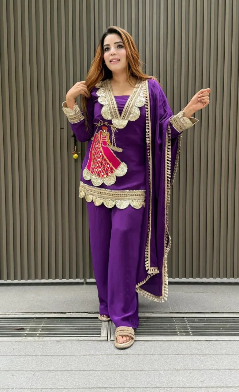 Women's Festive Cotton Embroidered Kurta Pant & Dupatta Set (3-Piece)