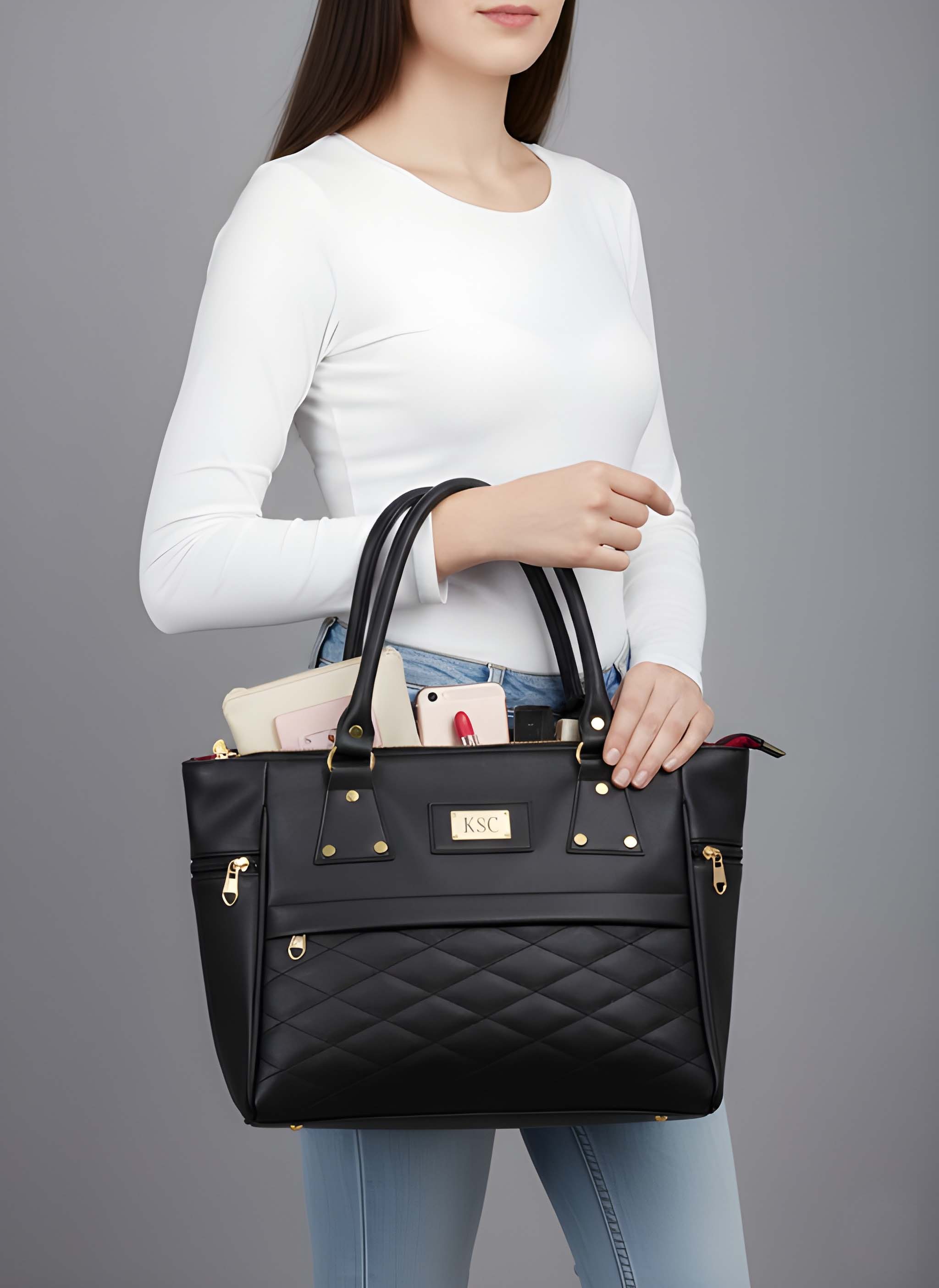 Women’s Black Quilted Tote Handbag with Gold Hardware
