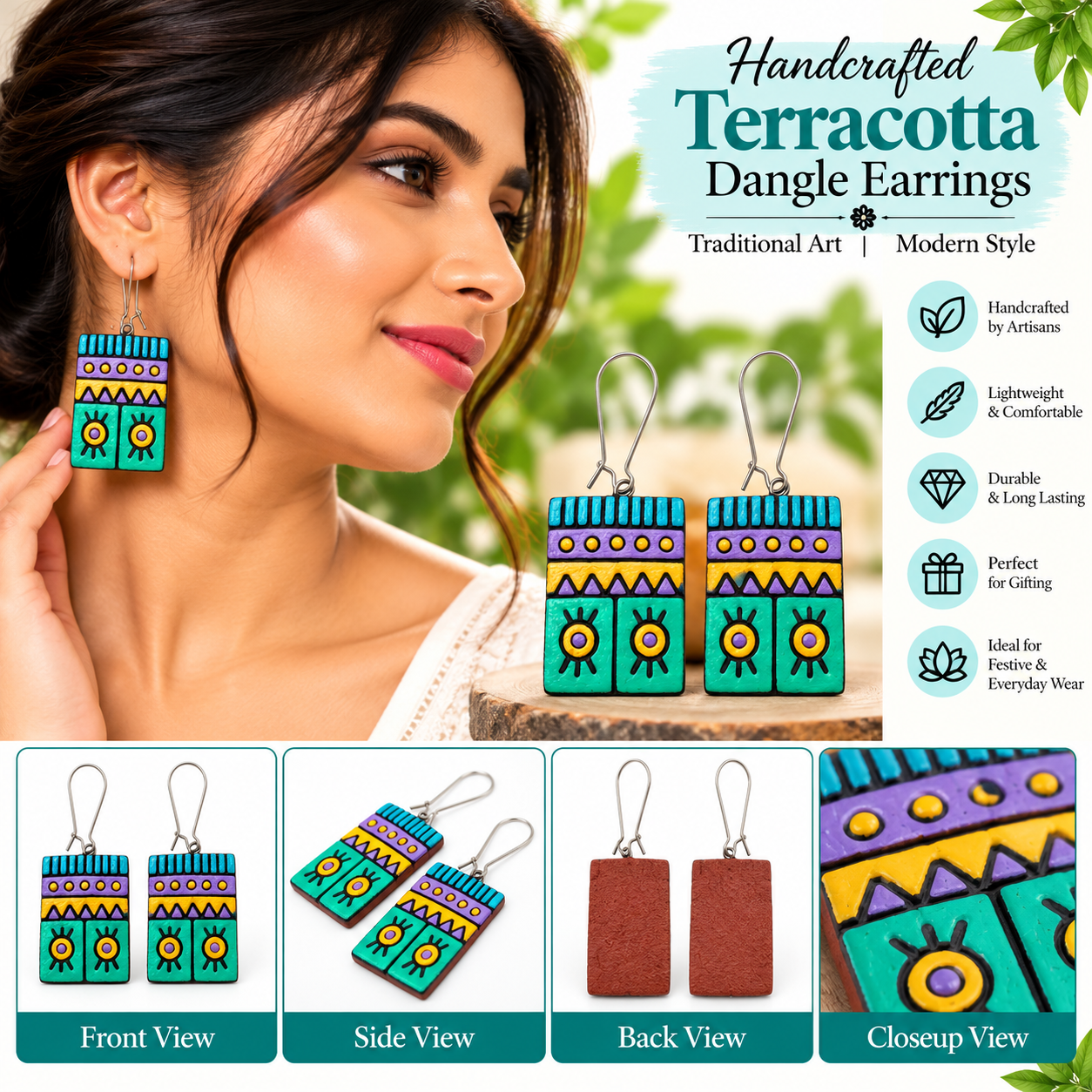 Handcrafted Terracotta-Style Rectangular Dangle Earrings