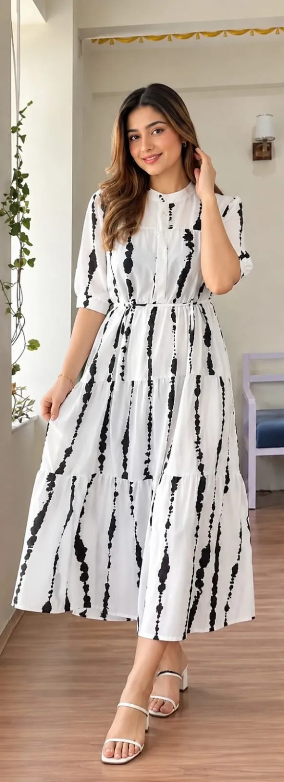 Women's Pure Cotton Printed Midi Gown Dress with Heart Neck & Pocket