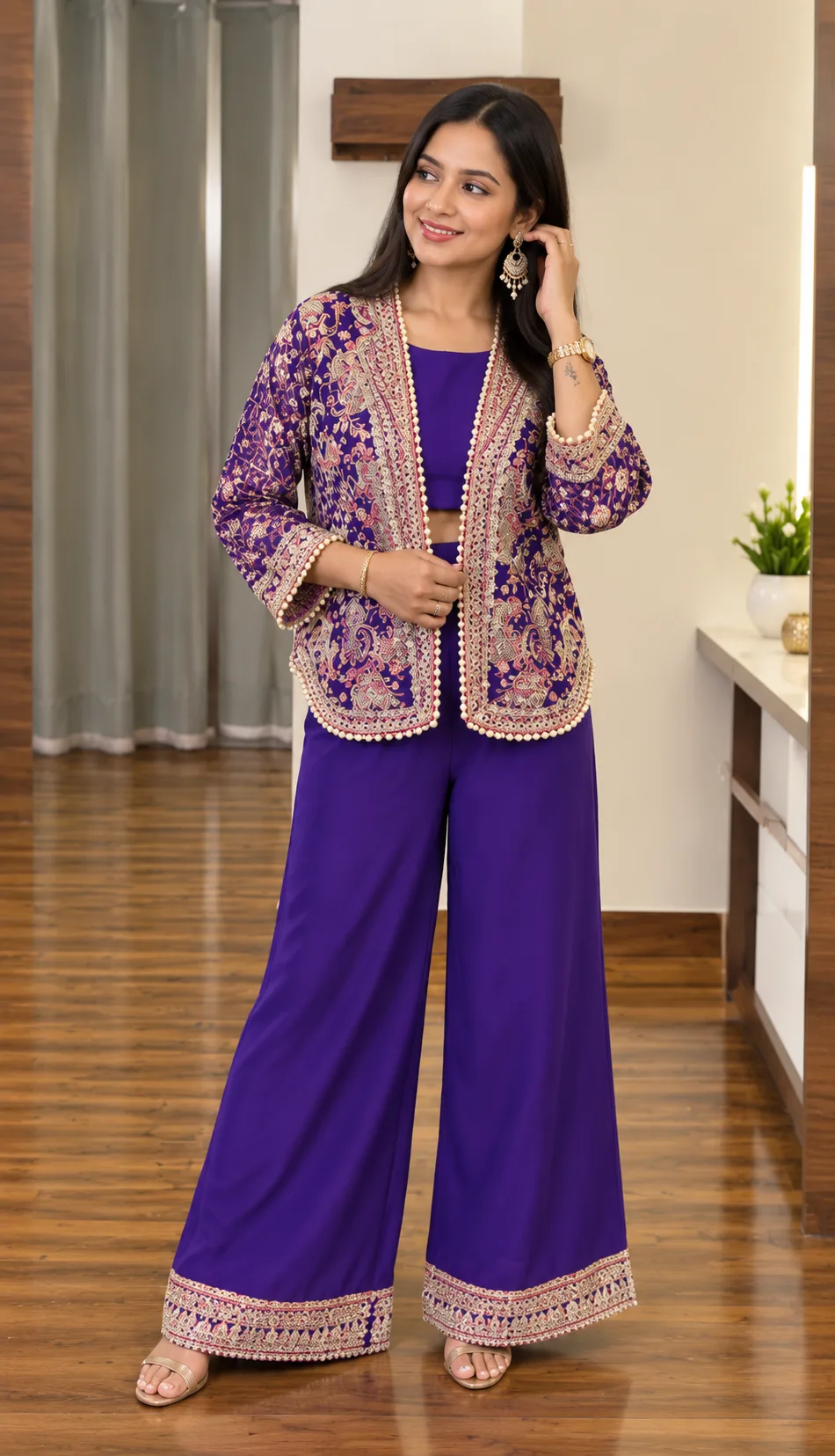 Women's Party Wear Embroidered Chinon Shrug Palazzo Set