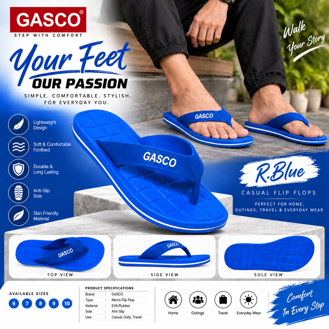 GASCO Men’s Sky Blue Textured Flip Flops | Casual Everyday Comfort Slippers