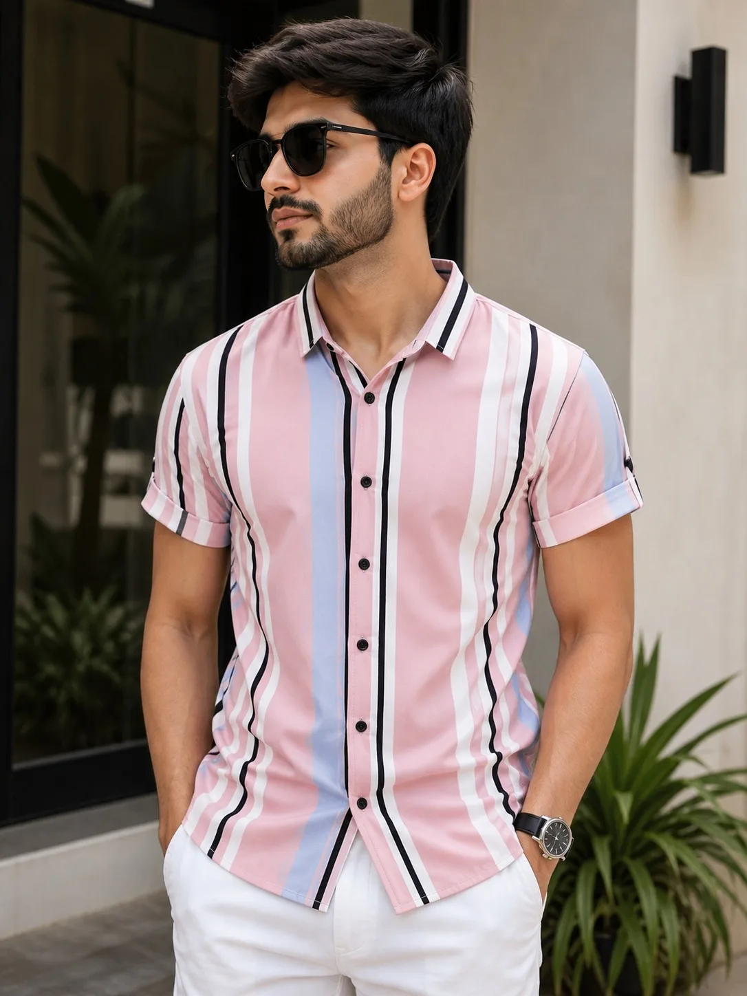 Men's Pastel Pink Vertical Stripe Casual Shirt