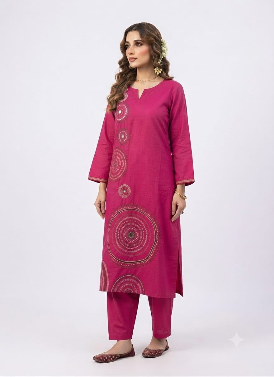 Magenta Embroidered Kurta Pant Set with Mirror Work.
