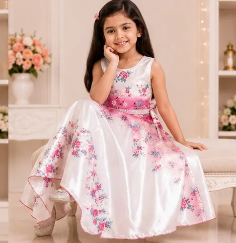 Girls Floral Print Party Wear Sleeveless Flared Dress