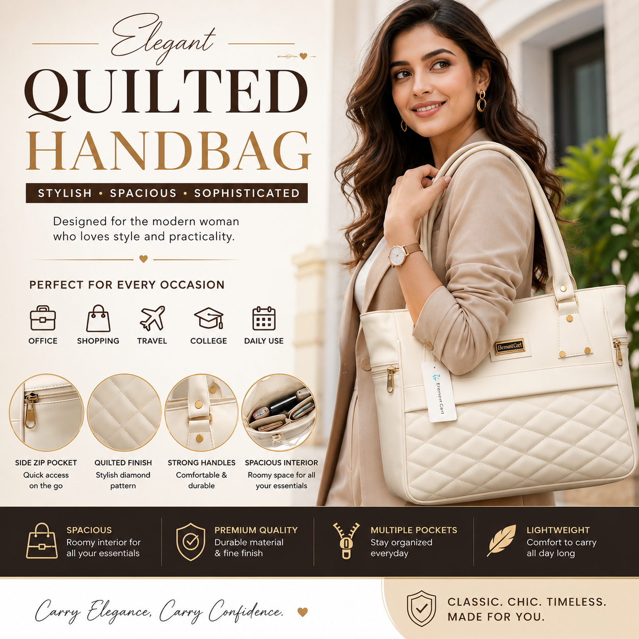 Women’s Cream Quilted Tote Handbag