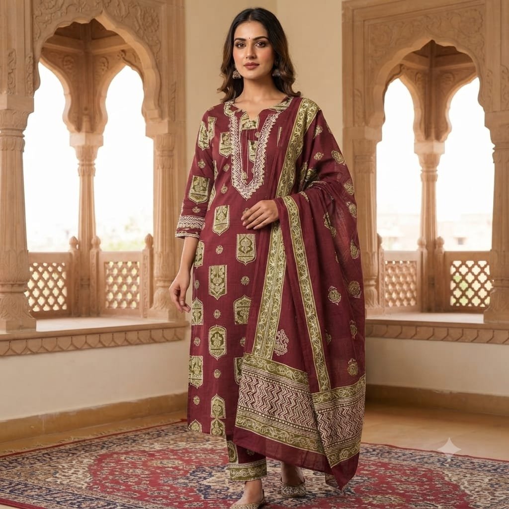 Maroon Printed Pure Cotton Straight Kurta Set with Pants and Dupatta