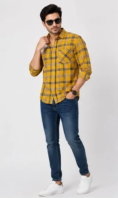 Men's Yellow Checked Full Sleeve Casual Shirt