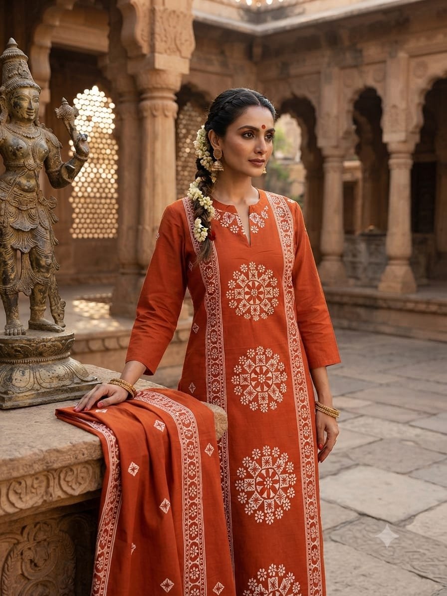 Rust-orange ethnic straight kurta set