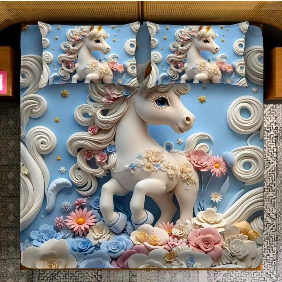 3D Unicorn Printed Double Bedsheet with 2 Pillow Covers