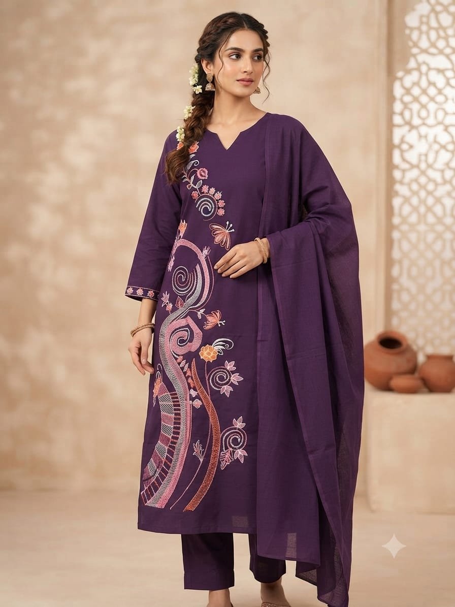 Purple Cotton Straight Fit Kurta Set with Floral Embroidered Detailing