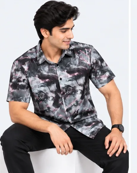 Men's Abstract Marble Print Half Sleeve Casual Shirt