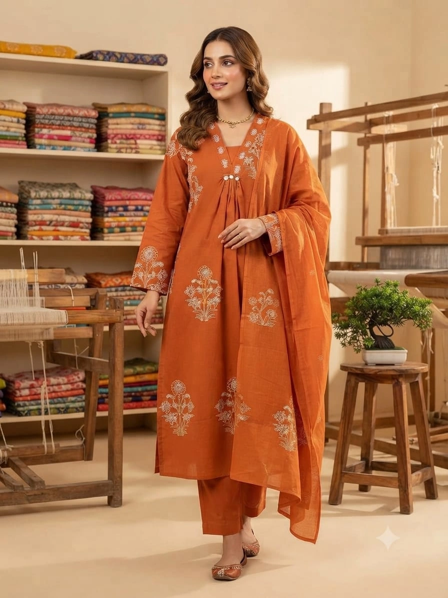 Rust Orange Embroidered Cotton Kurta Set with Dupatta