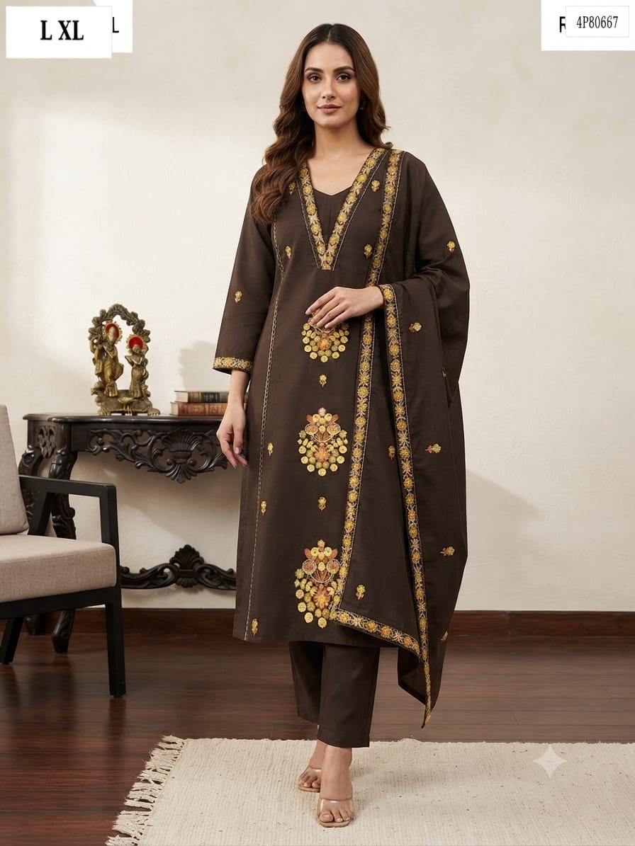 Women's Coffee Brown Embroidered Kurta with Straight Pants & Dupatta Set
