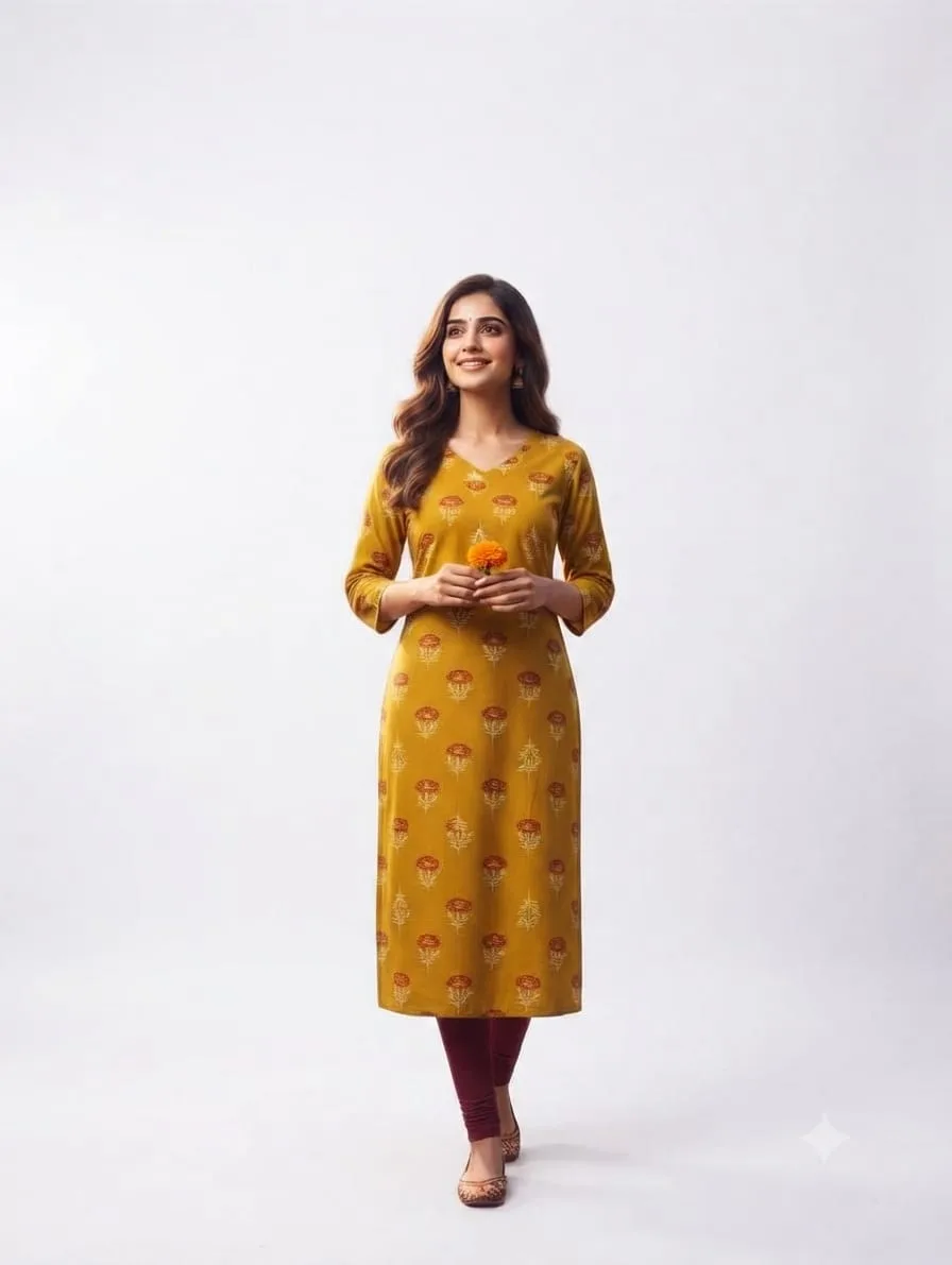 Women's Mustard Yellow Printed Straight Cotton Kurti