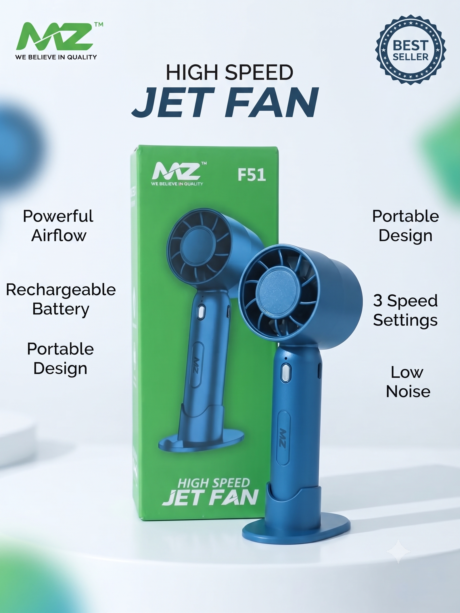 MZ F51 High Speed Jet Fan - Portable Handheld Mini Fan with Rechargeable Battery and Stand