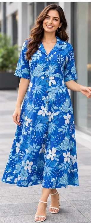 Women’s Floral Printed A-Line Midi Dress with 3/4 Sleeves