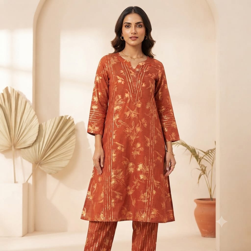 Women's Rust Floral Printed Straight Kurta with Matching Pants Co-Ord Set