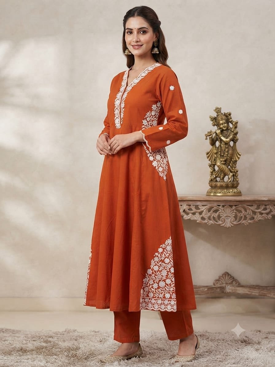 Women's Rust Orange Embroidered Cotton Blend Anarkali Kurta with Pants Set