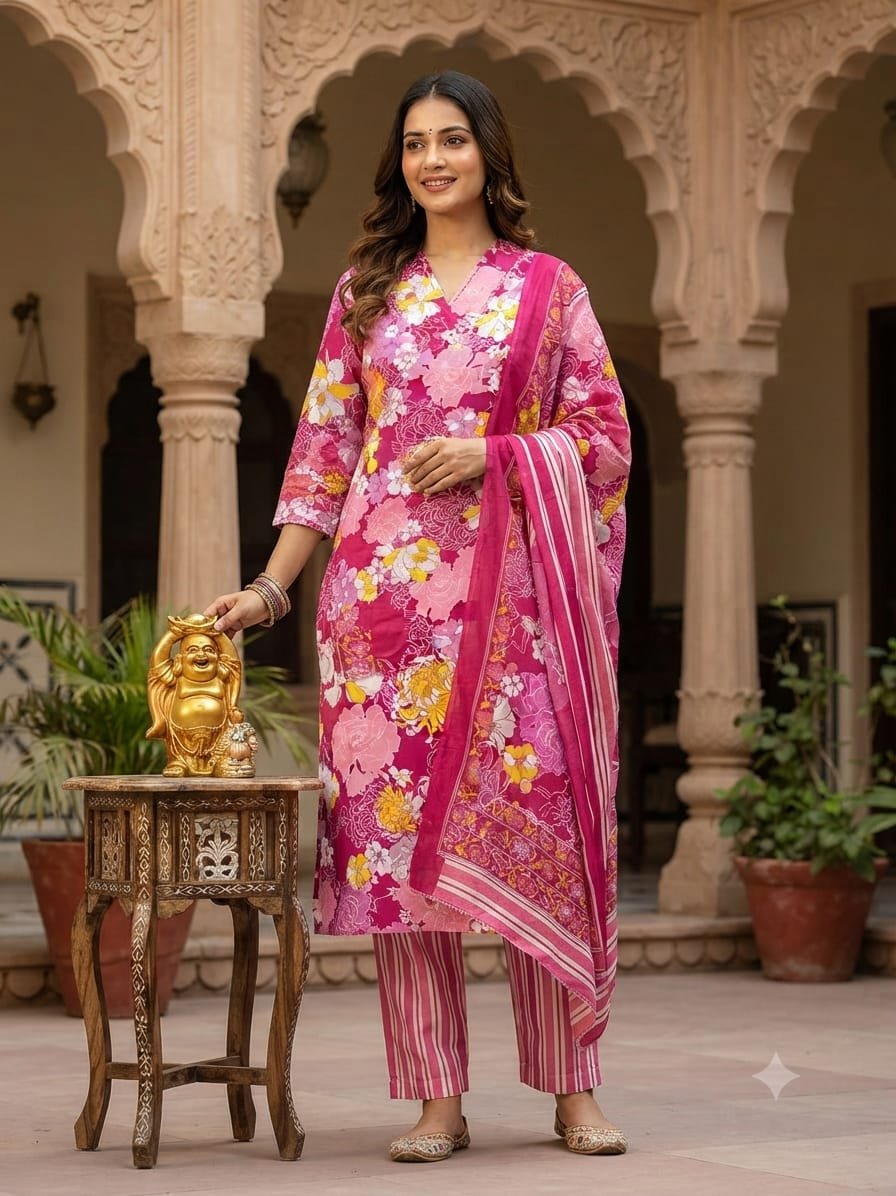 Women's Pink Floral Printed Cotton Kurta Set with Dupatta