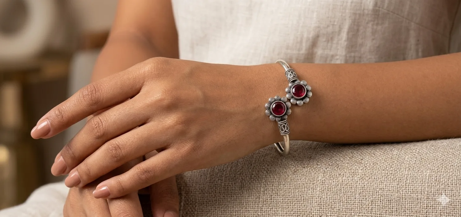 Traditional Oxidised Floral Stone Cuff Bangle (Adjustable Kada)