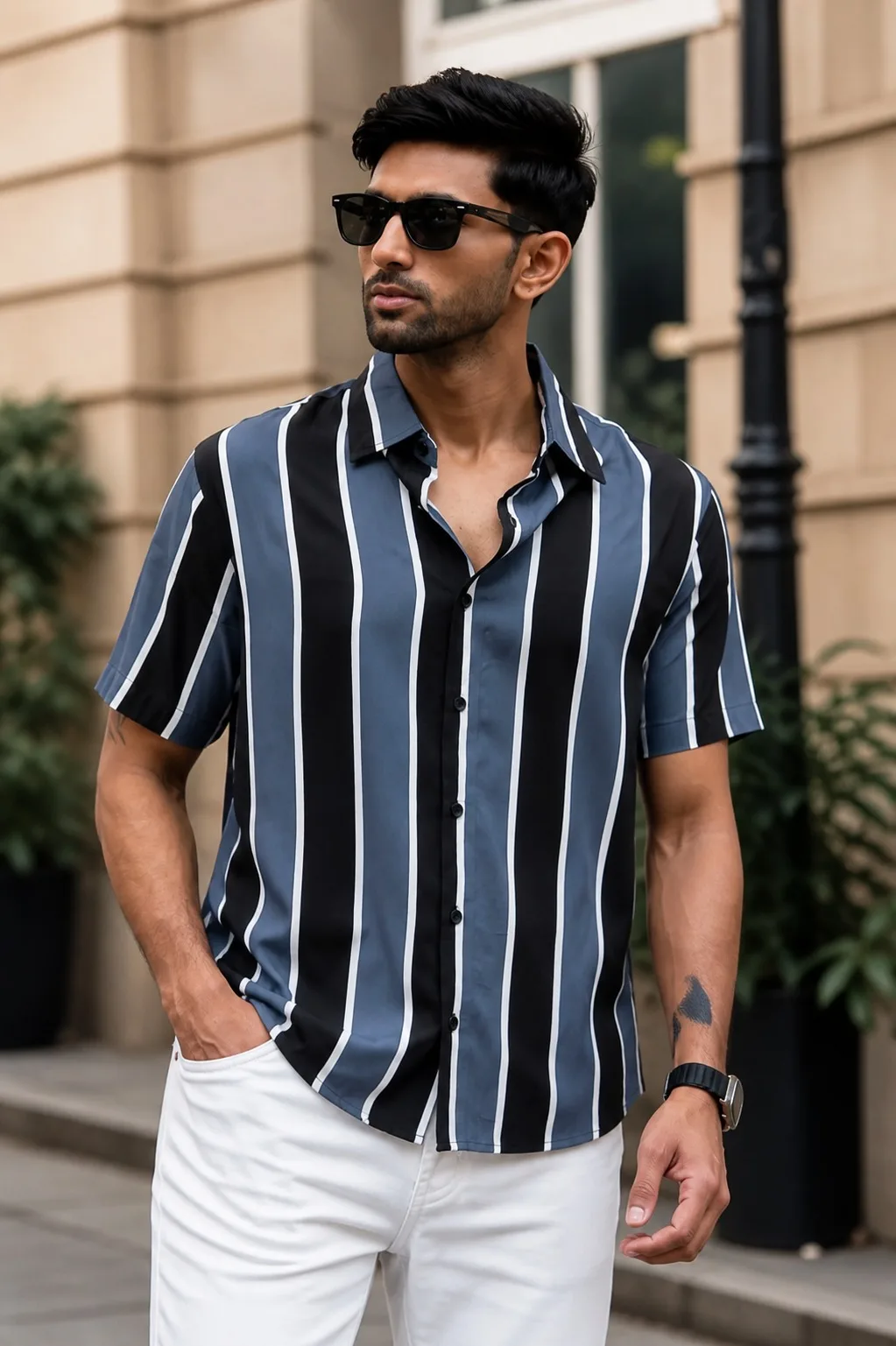 Men's Charcoal Grey Vertical Stripe Short Sleeve Shirt