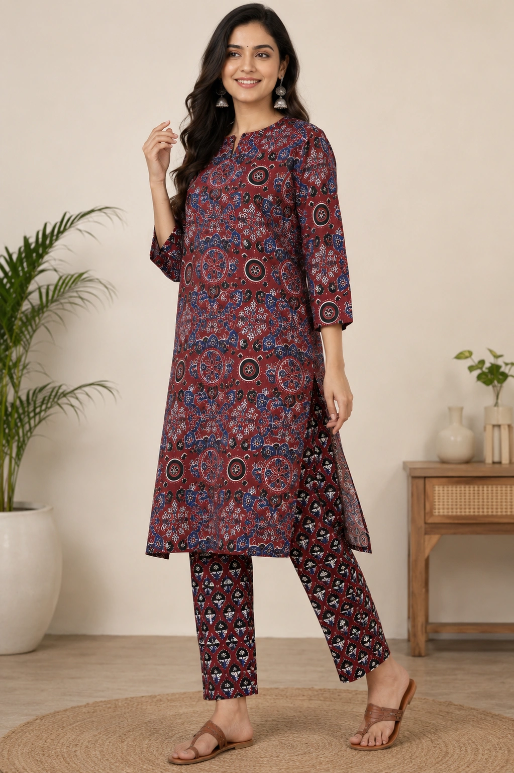 Women's Maroon Ethnic Printed Anarkali Kurta with Pants Set