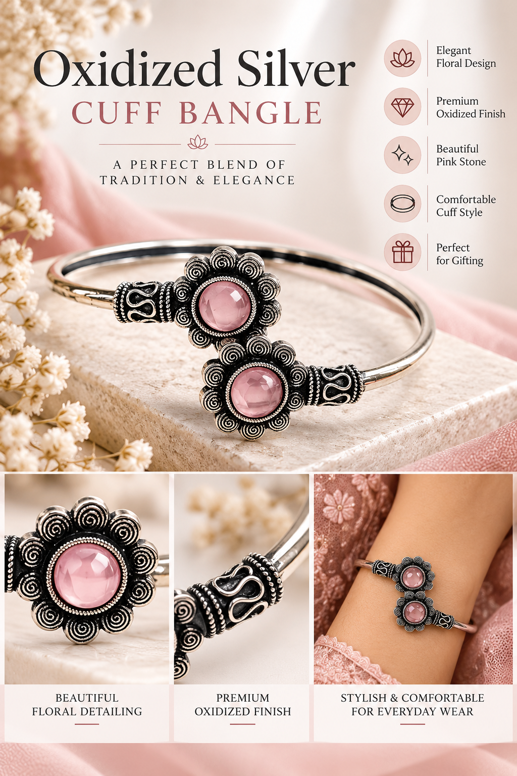 Women’s Oxidized Silver-Tone Pink Stone Floral Cuff Bangle – Traditional Ethnic Jewellery