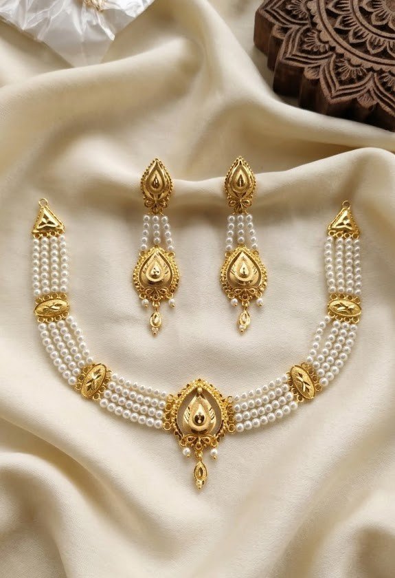 Gold Plated Pearl Choker Necklace Set with Matching Long Earrings for Women | Traditional Bridal Jewelry Set