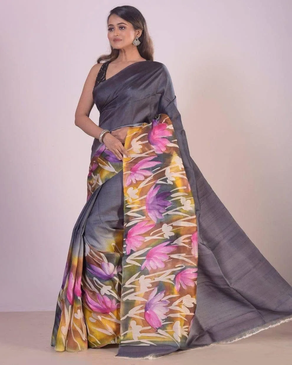 Twilight Garden Grey Semi Murshidabad Bapta Silk Saree