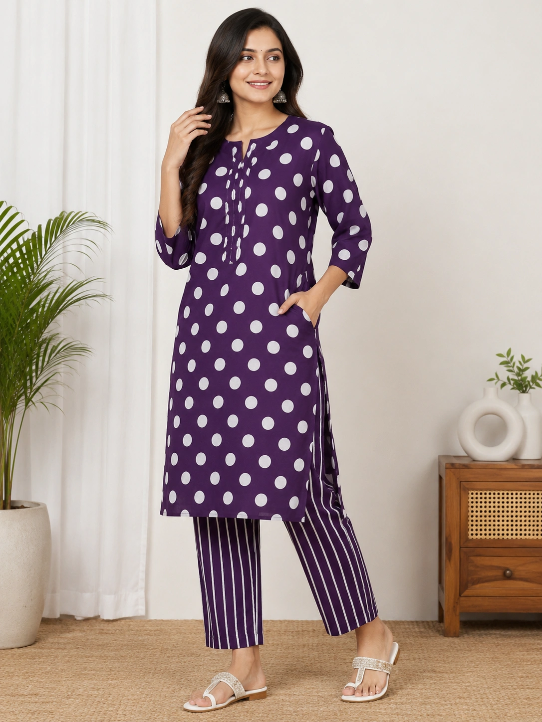 Women's Purple Polka Dot Printed Cotton Kurti with Striped straight pant Set
